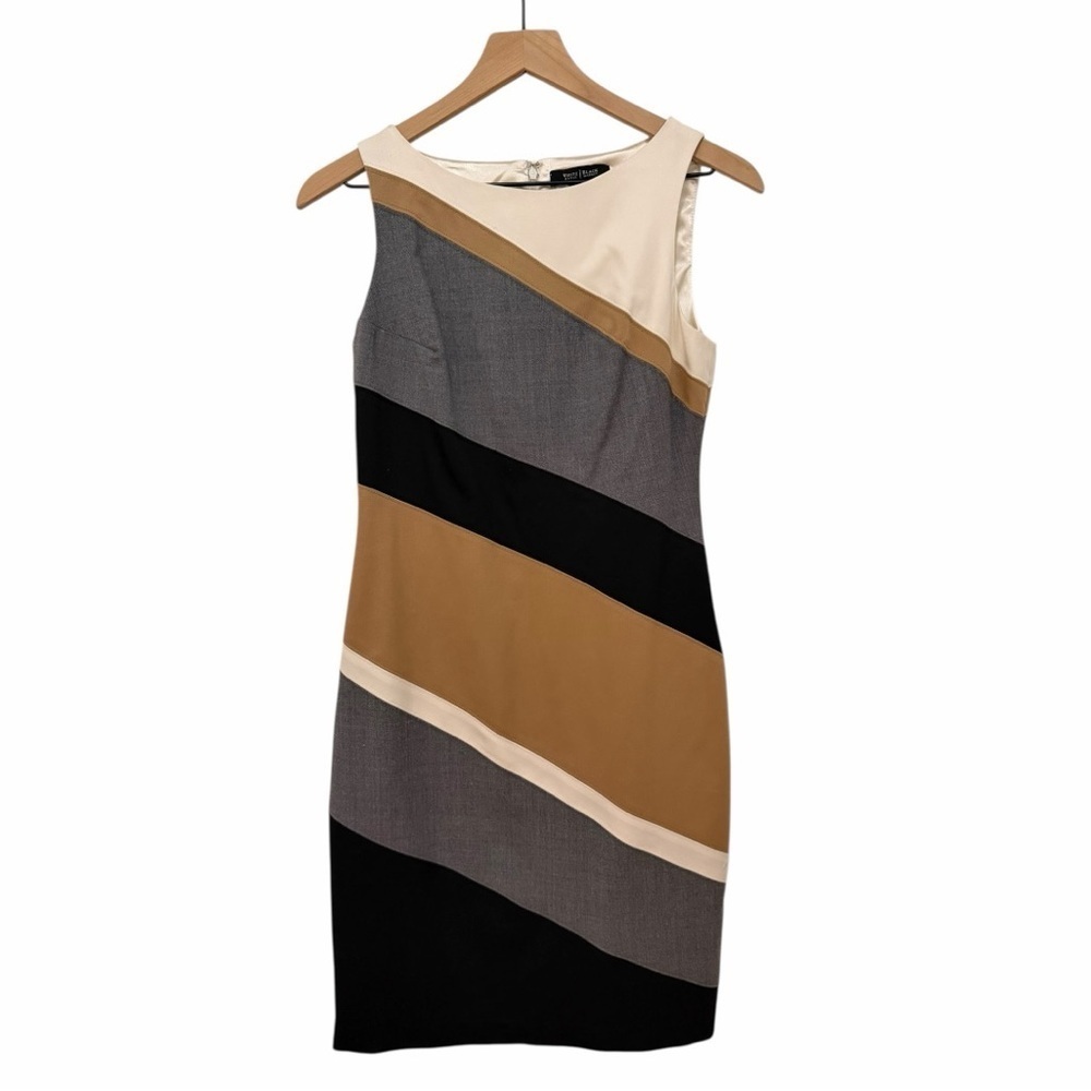 White House Black Market Colorblock Sheath Dress Neutral Sz 2 Stretch Wool Silk - Picture 2 of 7